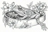 Symmetrical tree frog skeleton inside coffin outline surrounded by flowers tattoo design idea
