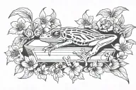 Symmetrical tree frog skeleton inside coffin outline surrounded by flowers tattoo design idea