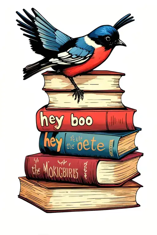 A stack of 4  books  inspired by 'To Kill a Mockingbird' include the words hey boo, delete the adjectives tattoo design idea
