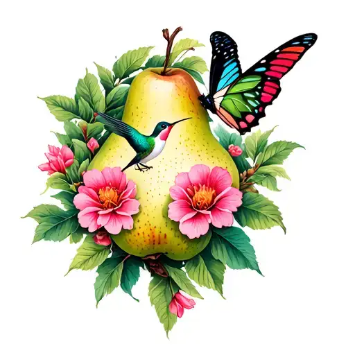 butterfly and hummingbird in pear tree tattoo design idea