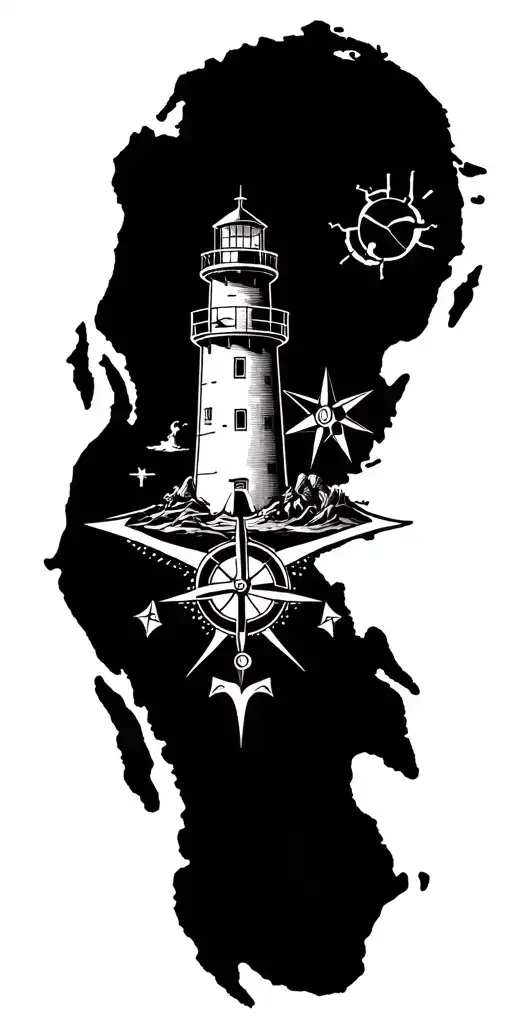 Nautical map outline of gulf of mexico and anchor and compass and light house ides tattoo design idea