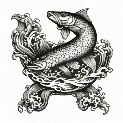 A realistic blackwork tattoo of a pike jumping out of the water tattoo design idea