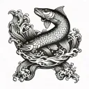 A realistic blackwork tattoo of a pike jumping out of the water tattoo design idea