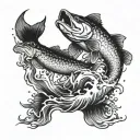 A realistic blackwork tattoo of a pike jumping out of the water tattoo design idea