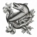 A realistic blackwork tattoo of a pike jumping out of the water tattoo design idea