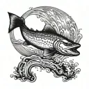 A realistic blackwork tattoo of a pike jumping out of the water tattoo design idea