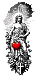 Greek godsess with clouds with rays and clouds and a cross and a lightly red colored heart and roses tattoo design idea