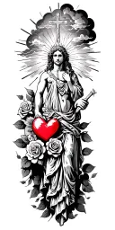 Greek godsess with clouds with rays and clouds and a cross and a lightly red colored heart and roses tattoo design idea