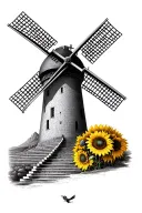 monument valley, windmill, sunflower, bluebird, c Escher staircase tattoo design idea