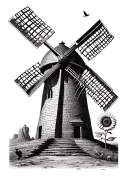 monument valley, windmill, sunflower, bluebird, c Escher staircase tattoo design idea