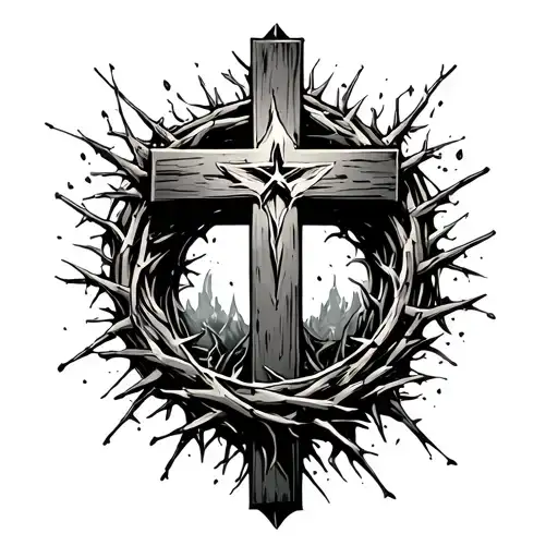 cross with empty tomb and crown of thorns tattoo design idea