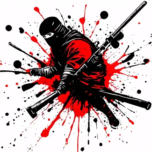 Splattered ink style black and grey Neo Japanese traditional stencil of ninja  tattoo design idea