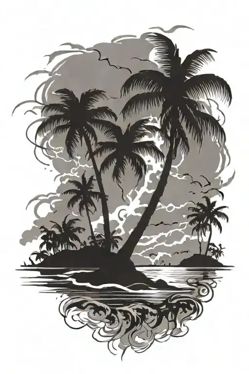dark stormy beach with palm tree and lightning. incorporating 3 kids names tattoo design idea