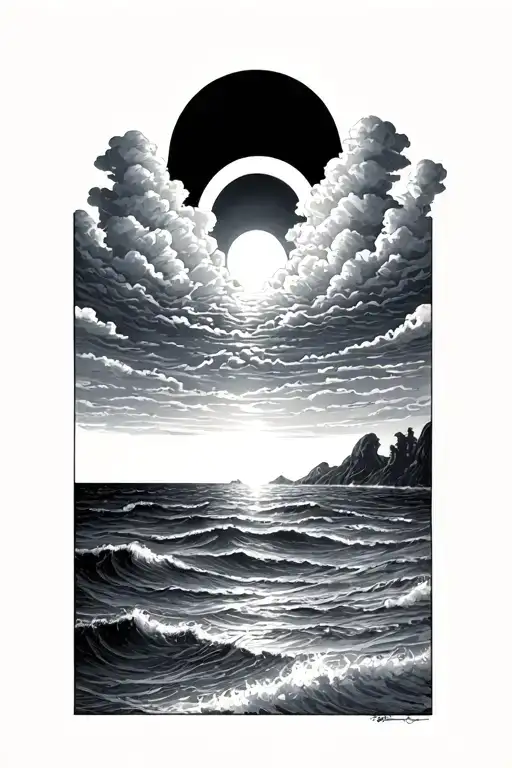 sunrise with a halo of clouds over the ocean tattoo design idea