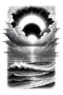 sunrise with a halo of clouds over the ocean tattoo design idea
