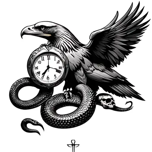 eagle and snake with skull and clock tattoo design idea