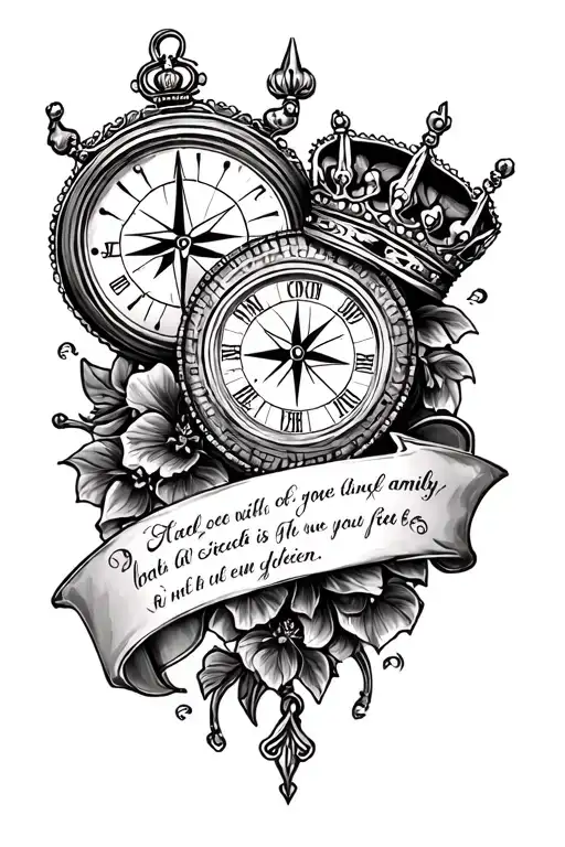 left forearm sleeve: compass with a message about family, stop watch or clock with my birth time, King and Queen of di tattoo design idea