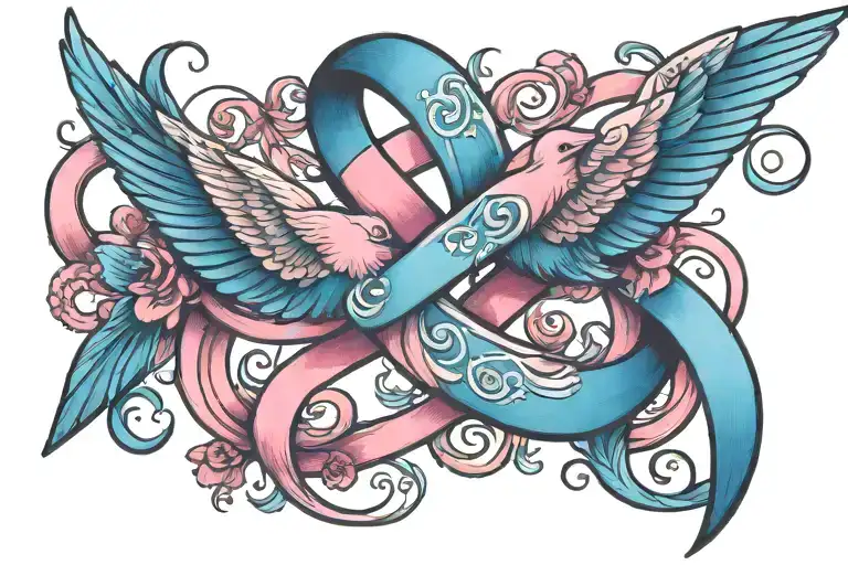 blue and pink ribbon infinity symbol 3 birds flying tattoo design idea