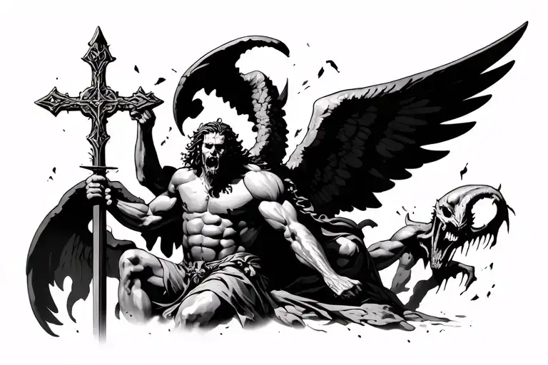 archangel michael stabbing satan with a pole with a cross on the back of it and have damaged and dead demons behind sata tattoo design idea