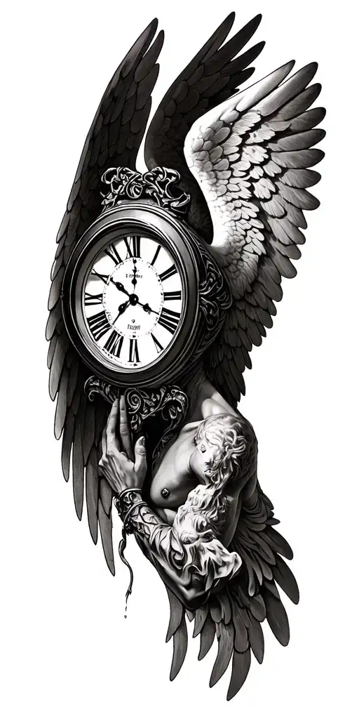 clock male faceless angel watching tattoo design idea