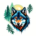 colorfull wolf and forest tattoo design idea