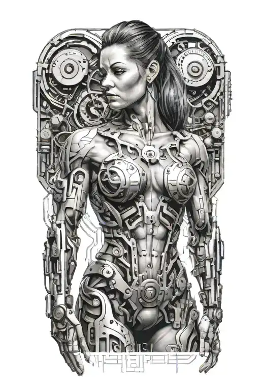 bodybuilder muscular women with technology circuits merging tattoo design idea
