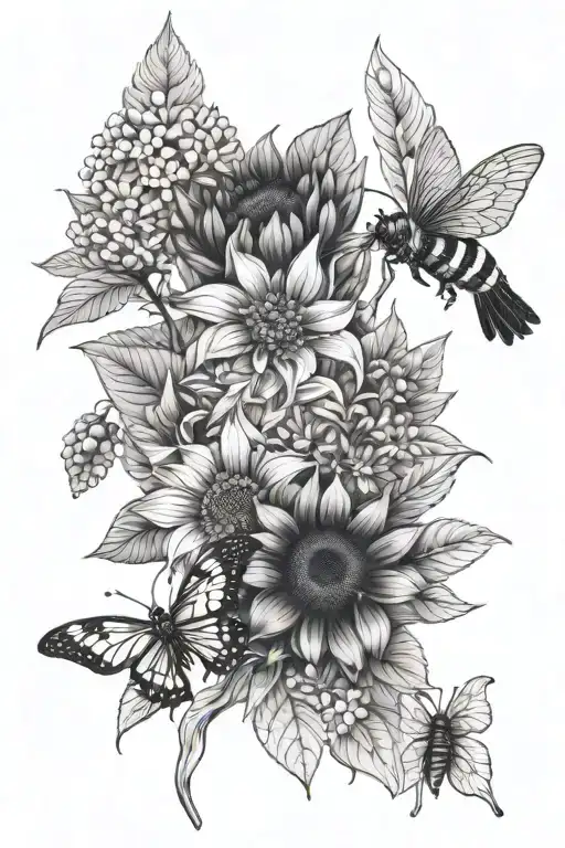 Sunflowers, bird of paradise, hydrangeas, black berry, bumblebee, dragon fly tattoo design idea