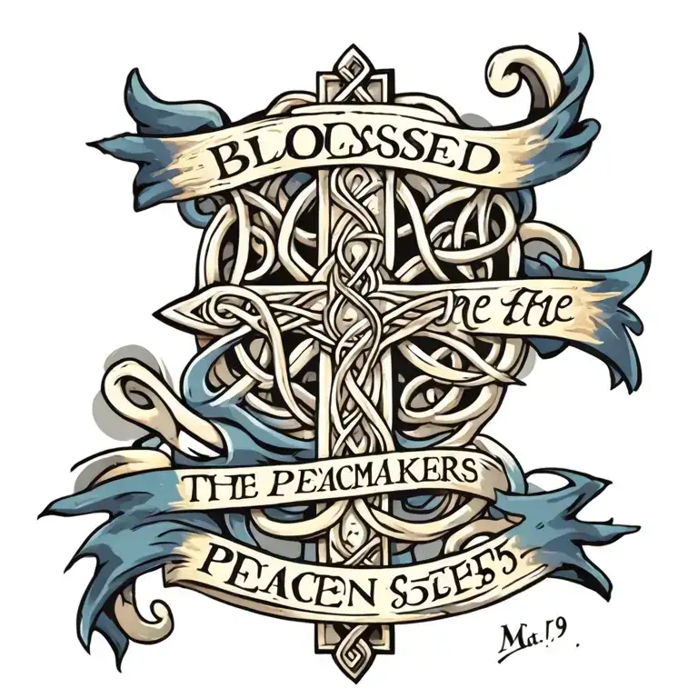 Celtic Cross with ""Blessed are the peacemakers" written on a blue banner draped on the cross.  Mat 5:9 written below tattoo design idea