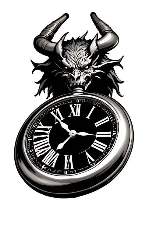 Pocket watch with the time 9:08, the name Sabrina Ross , the date November 1, 2924 and a demon fa tattoo design idea