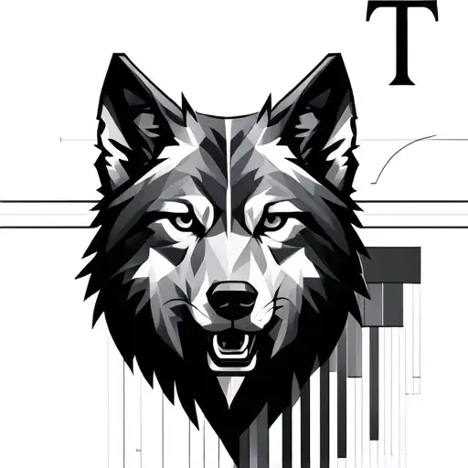 Piano keys fading, geometrical wolf head emerging, letter T, watch mechanism tattoo design idea
