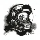 Astronaut helmet with a galaxy reflected in the glass. Surrounded by the words Mercy, Valor, Endurance tattoo design idea