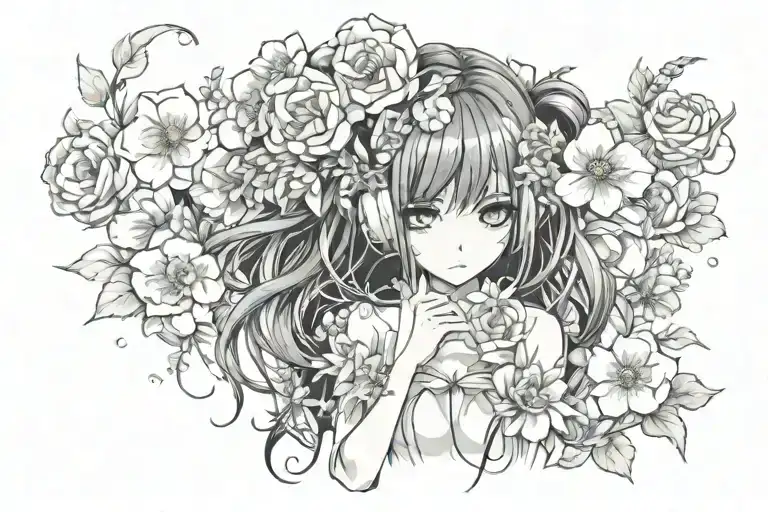 anime girl with flowers tattoo design idea