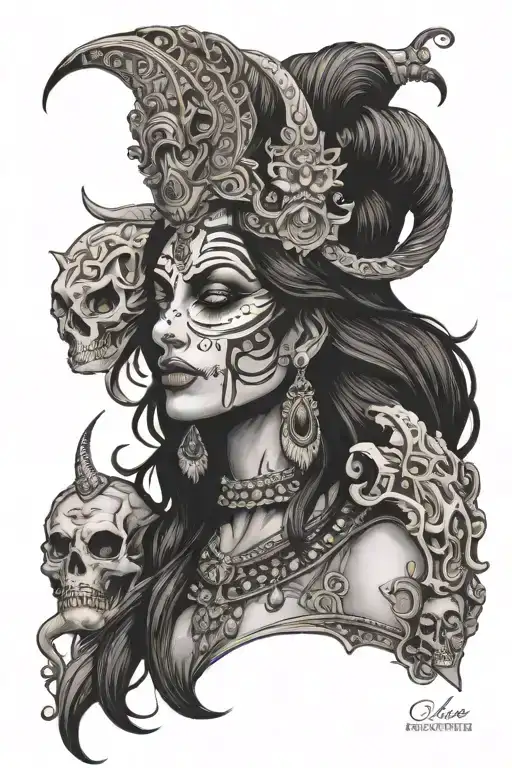 goddess Kali side profile with skull adorned tattoo design idea
