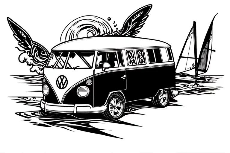 waves, windsurfing, surfboard, wingfoil, Volkswagen van, shark tattoo design idea