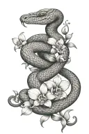 king cobra snake and the moon on top with orchid flowers all around  tattoo design idea