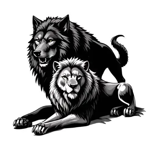 A black wolf with big claws next to a lion resting and ready to fight. Lion above. Pine wolf looking forward. tattoo design idea