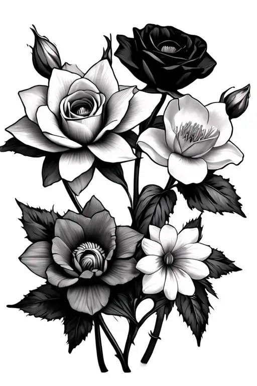 1 daffodil, 1 rose, 1 water lily, 2 poppies, & two narcissus. tattoo design idea