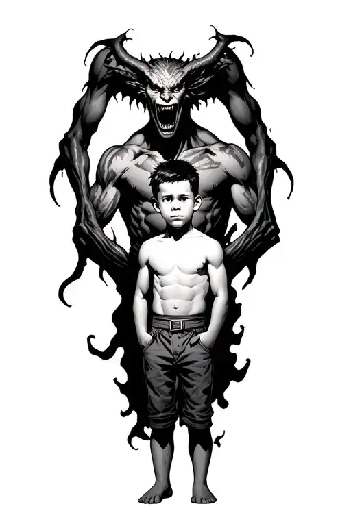 a young boy standing with a scary demon towering behind wrapped around his body tattoo design idea
