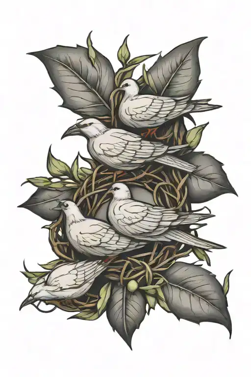 crown of thorns with olive branches and three doves tattoo design idea