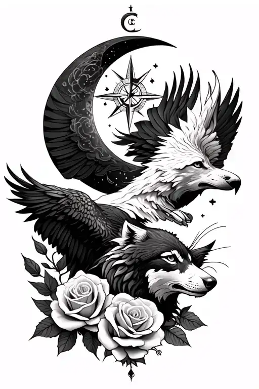 wolf, crescent moon and eagle for men with rose and compass tattoo design idea