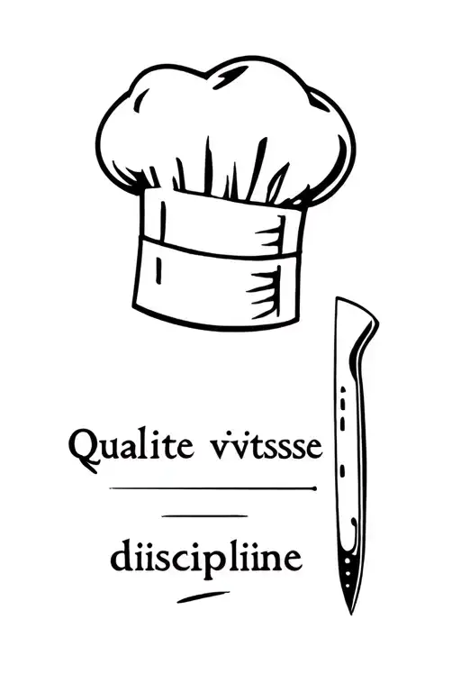 tatto simple chef hat, knife and the words in french: qualité vitesse discipline tattoo design idea