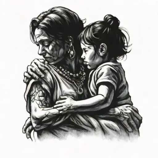 a realistic tattoo of a strong woman embracing or holding hands with a child, set in a shadowy, moody atmosphere  tattoo design idea