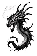 dragon, Eldenring style, coming from misty clouds, with a very agressive look in deep dark hollow eyes tattoo design idea