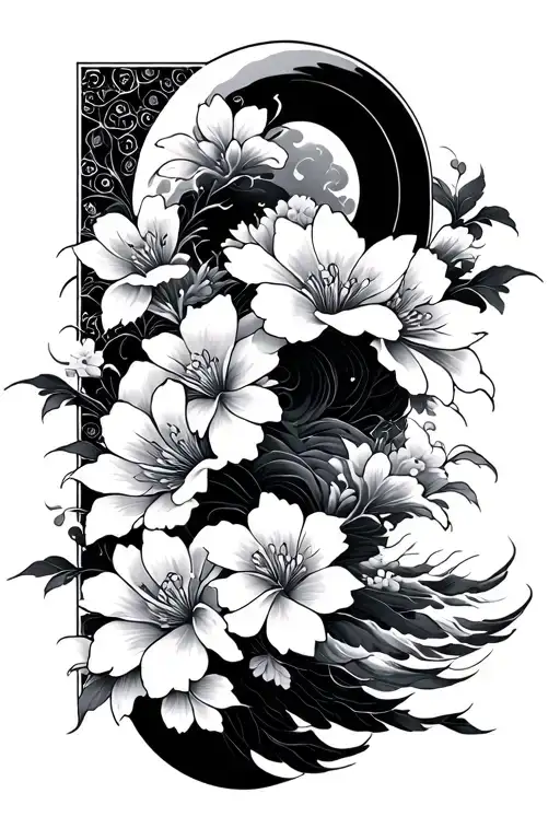 japanese waves, floral blossoms tattoo design idea