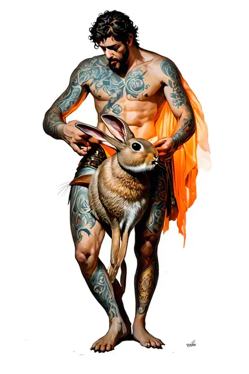 Achilles eating a dead rabbit, illuminated by an orange light  tattoo design idea