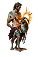 Achilles eating a dead rabbit, illuminated by an orange light  tattoo design idea