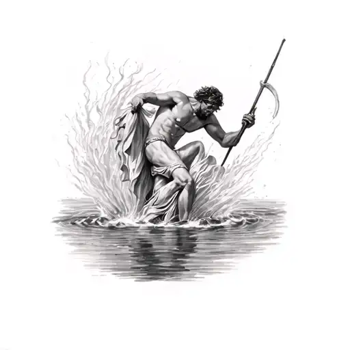 a scene from mythology in which Achilles is soaked by the heel in the river Styx tattoo design idea