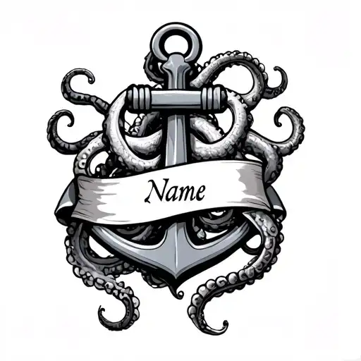 anchor with tentacles wrapping and banner for a name across the middle tattoo design idea