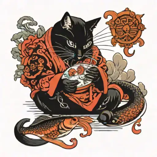 black cat eating a fish tattoo design idea