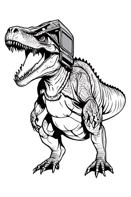 t-rex with a welding hood welding an structure tattoo design idea